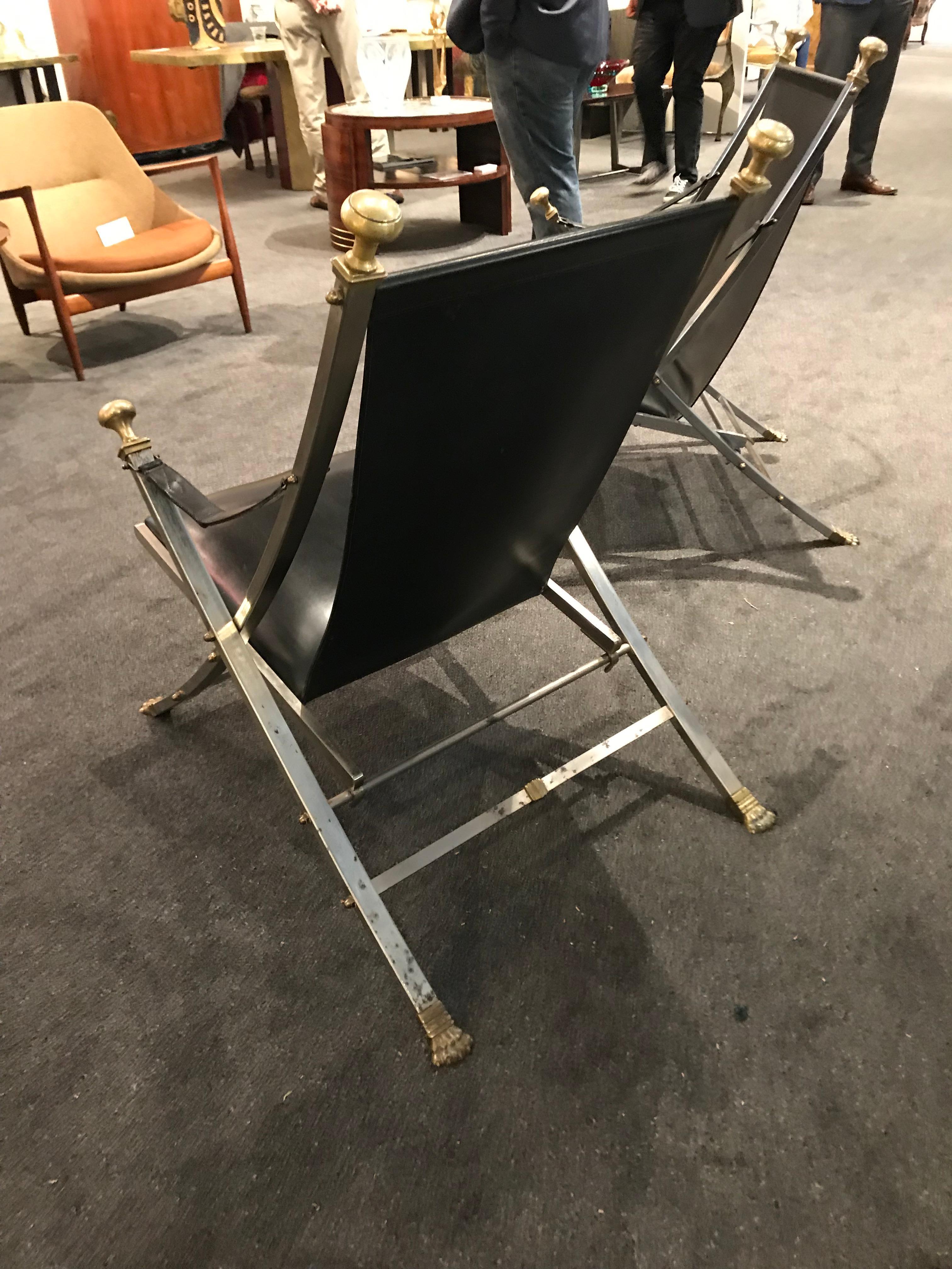 Pair of Polished Steel and Leather Folding Chairs in the Style of Maison Jansen In Good Condition In Montreal, QC