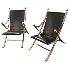 Pair of Polished Steel and Leather Folding Chairs in the Style of Maison Jansen