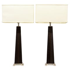 Pair of Polished Steel and Leather Modern Art Deco Style Telescoping Table Lamps