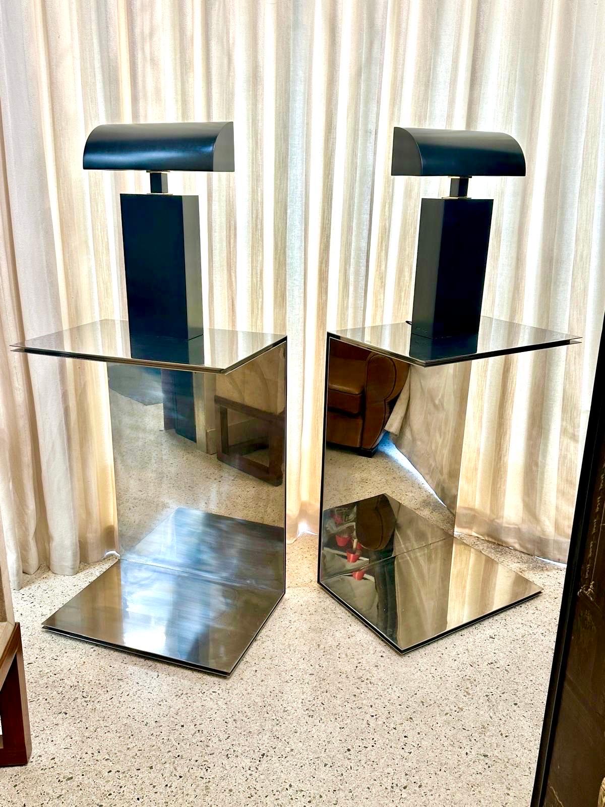 Post-Modern Pair of Polished Steel Cantilever Art Display Pedestals