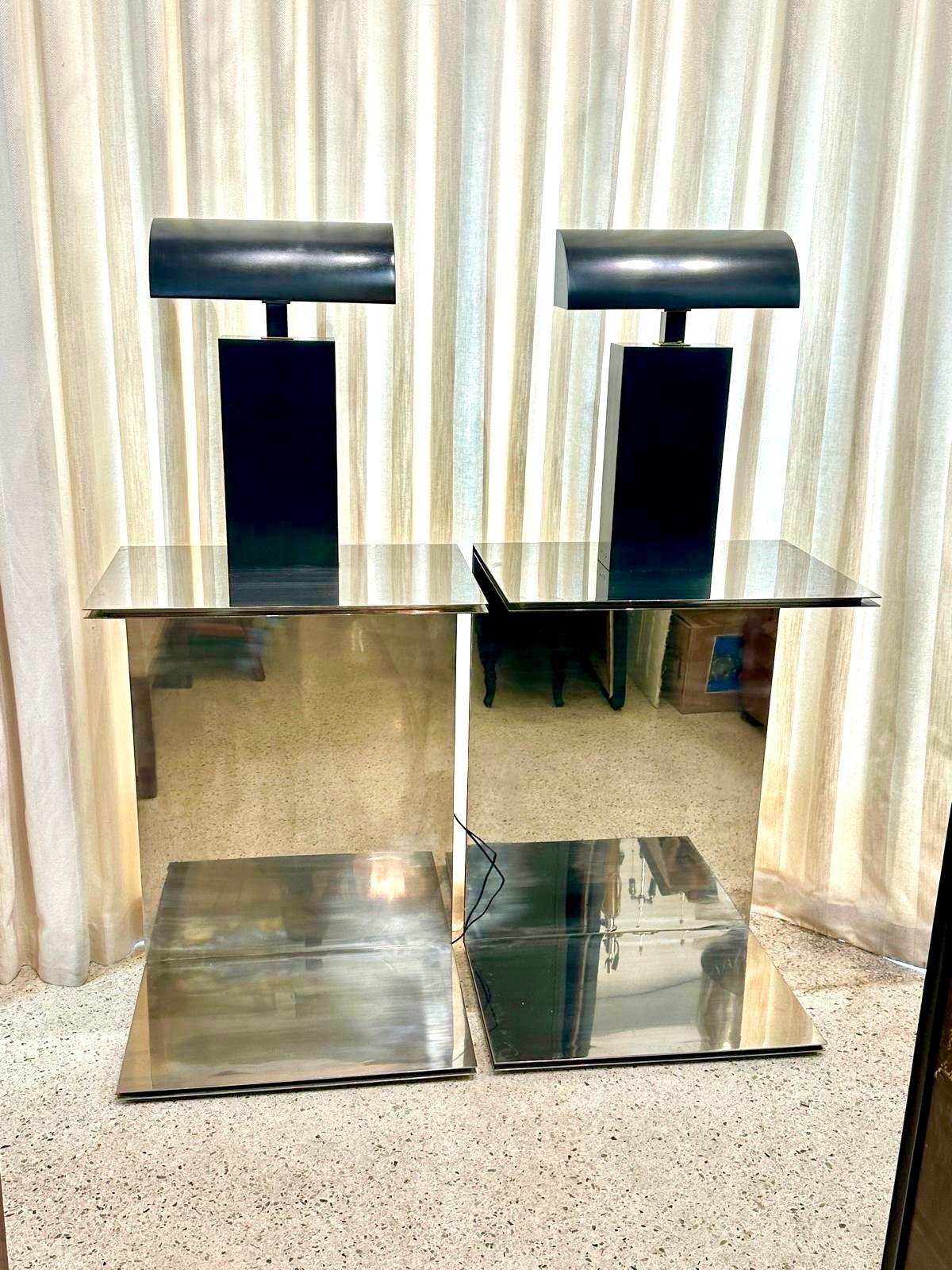 Pair of Polished Steel Cantilever Art Display Pedestals In Good Condition In North Miami, FL