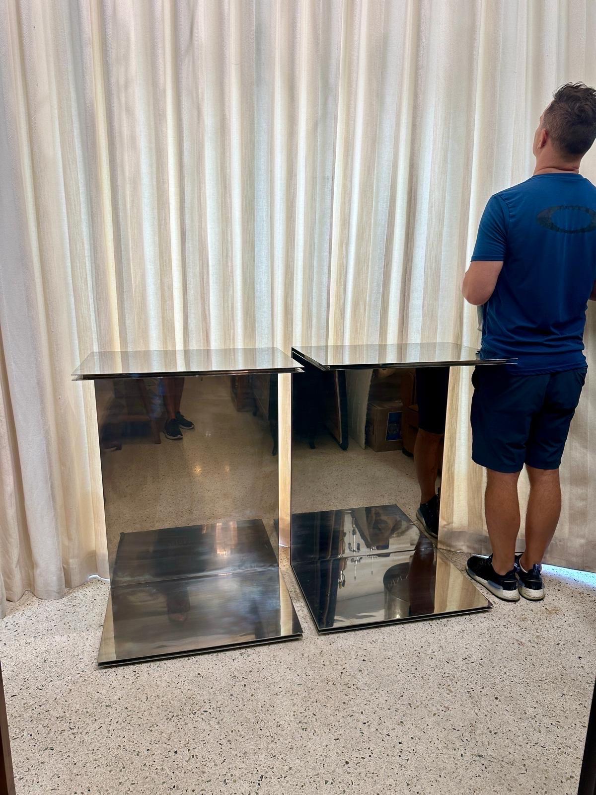 Late 20th Century Pair of Polished Steel Cantilever Art Display Pedestals