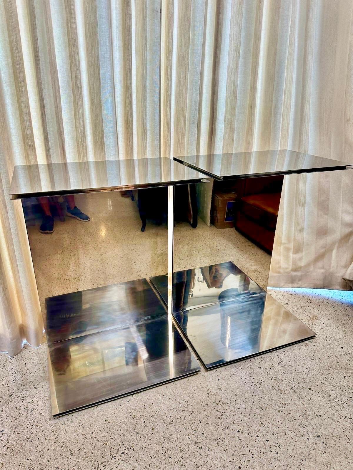 Pair of Polished Steel Cantilever Art Display Pedestals 1