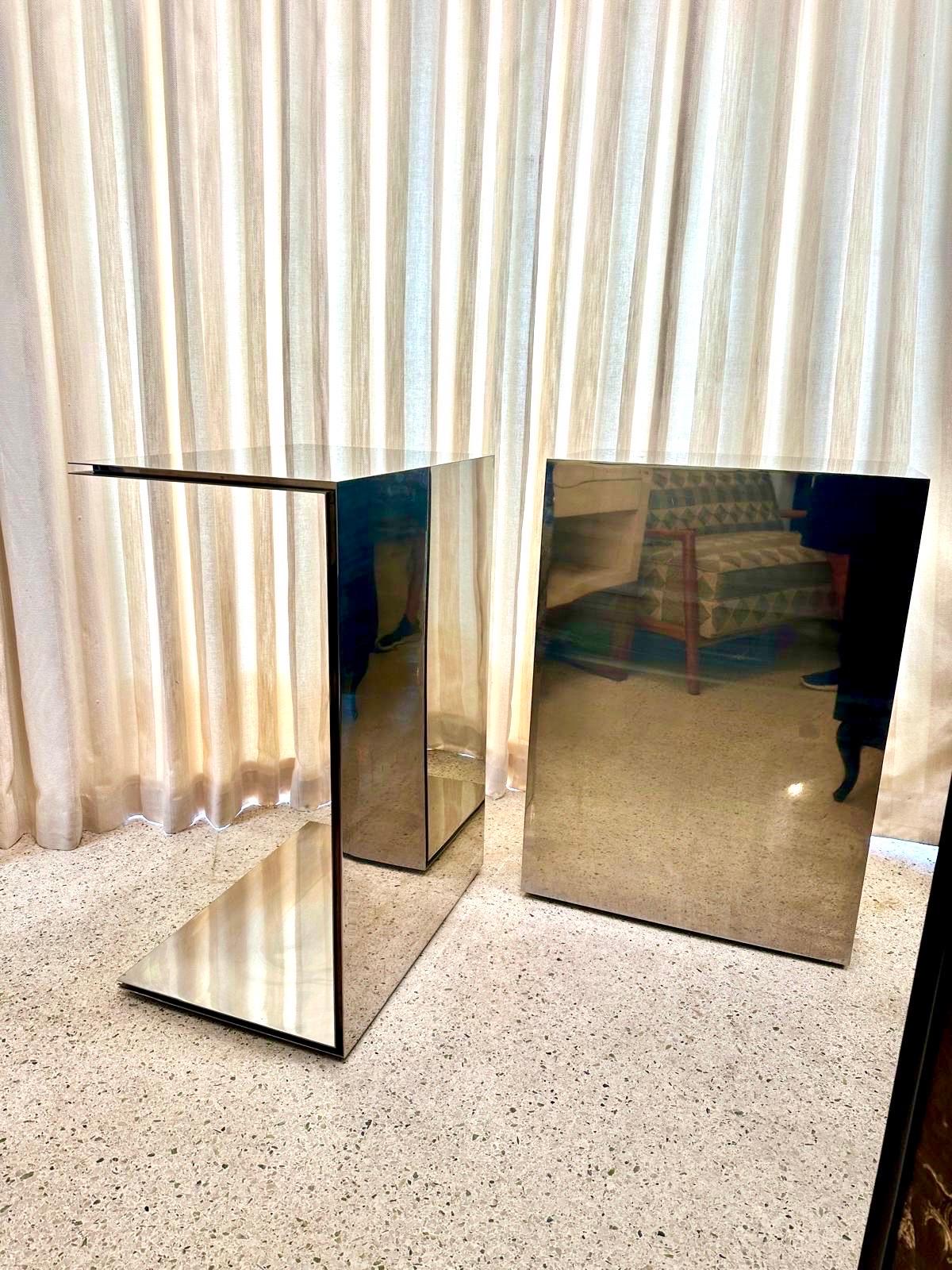 Pair of Polished Steel Cantilever Art Display Pedestals 2