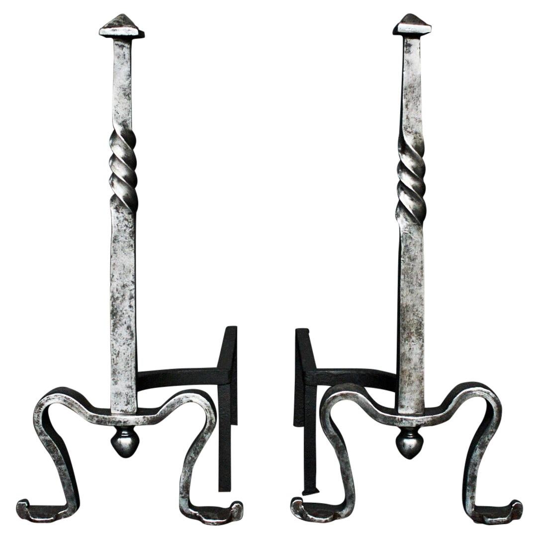 Pair of Polished Steel Firedogs