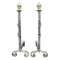 Vintage Pair of Polished Steel Firedogs with Brass Urn Finials