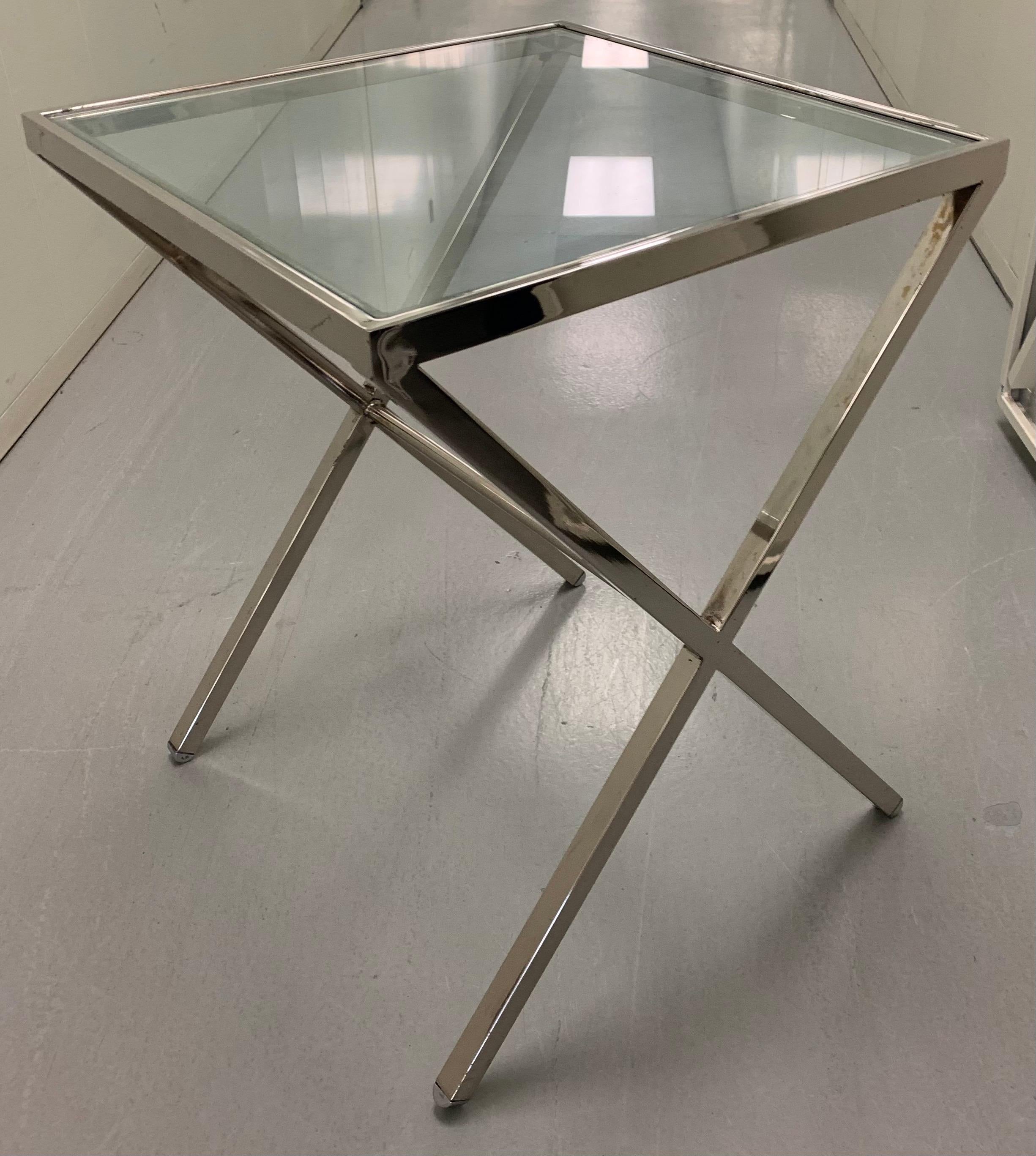 Pair of Polished Steel X Frame Tables In Good Condition In Stamford, CT