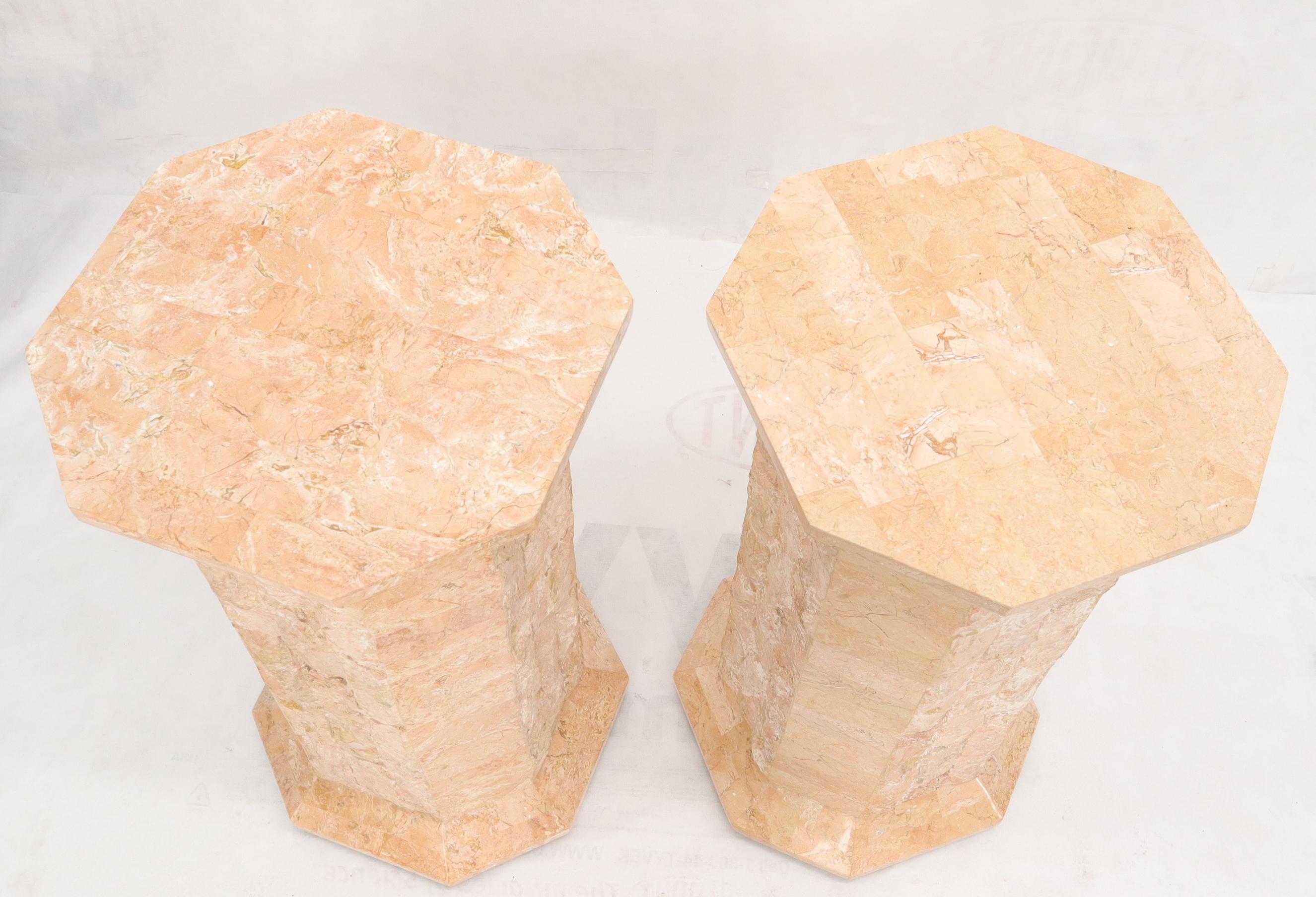 Mid-Century Modern Pair of Polished Stone Tile Tessellated Octagon Shape Pedestals Stand Red White For Sale