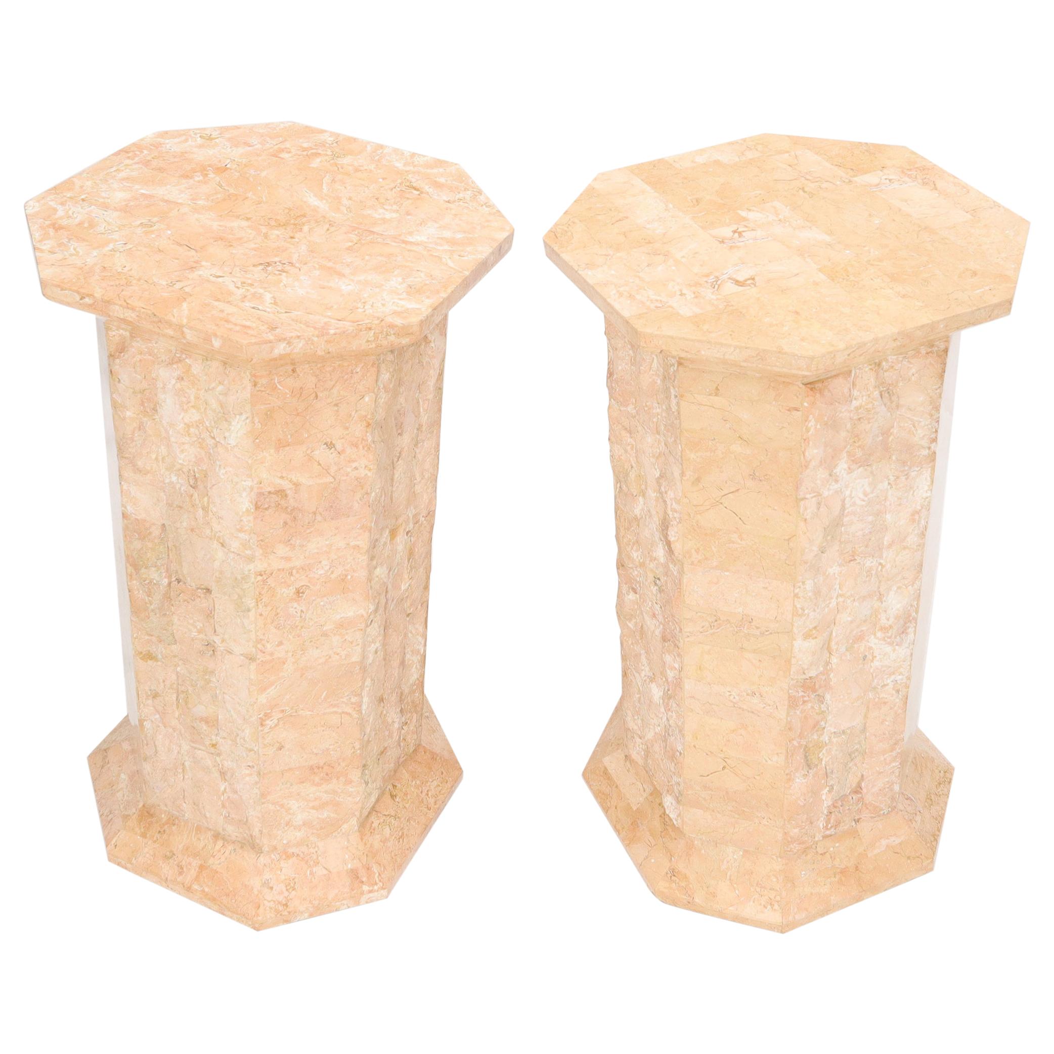 Pair of Polished Stone Tile Tessellated Octagon Shape Pedestals Stand Red White For Sale