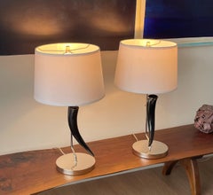 Pair of Polished Texas Longhorn "Trophy" Lamps on Mirror Nickel Bases