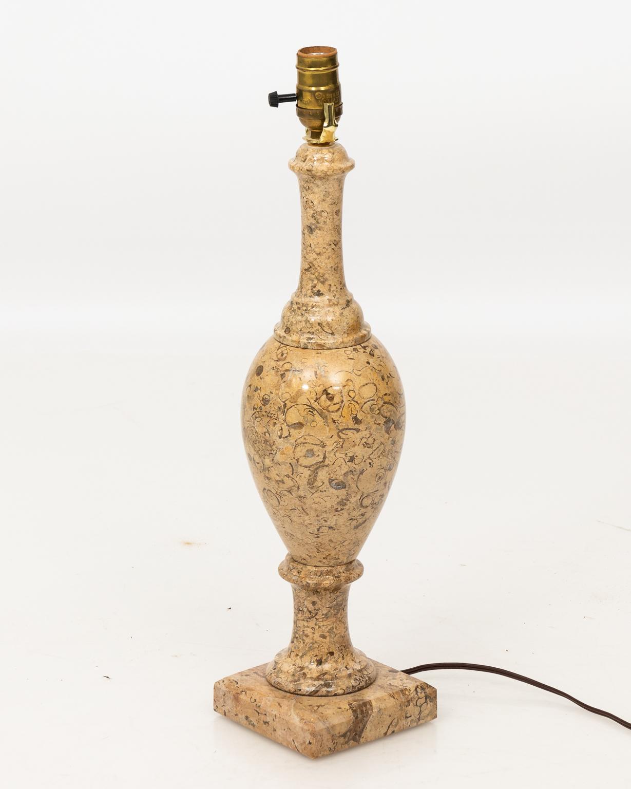 20th Century Pair of Polished Travertine Column Table Lamps