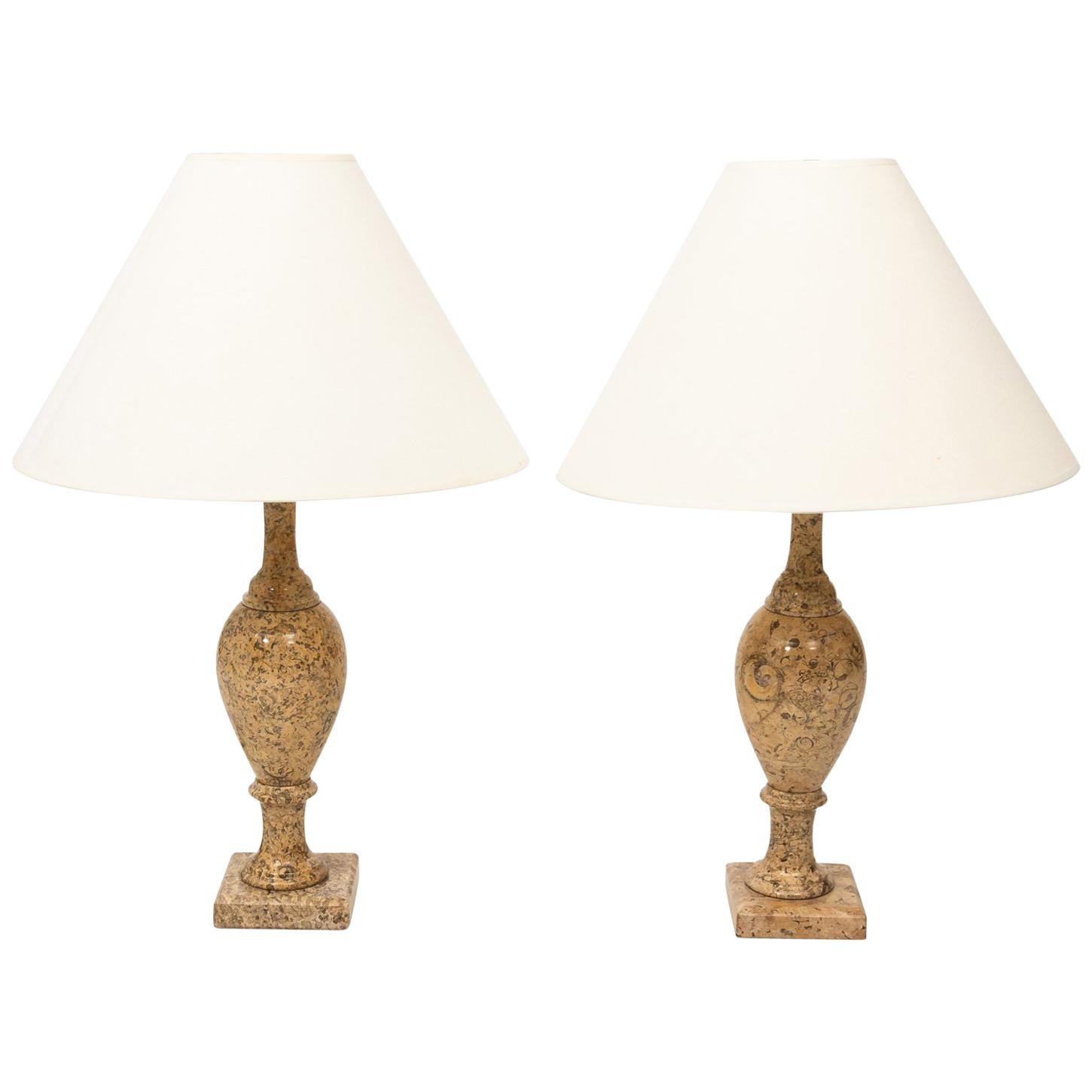 Pair of Polished Travertine Column Table Lamps