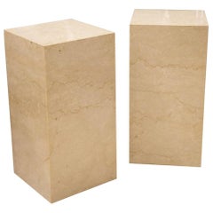 Pair of Polished Travertine Pedestal Side Tables, French