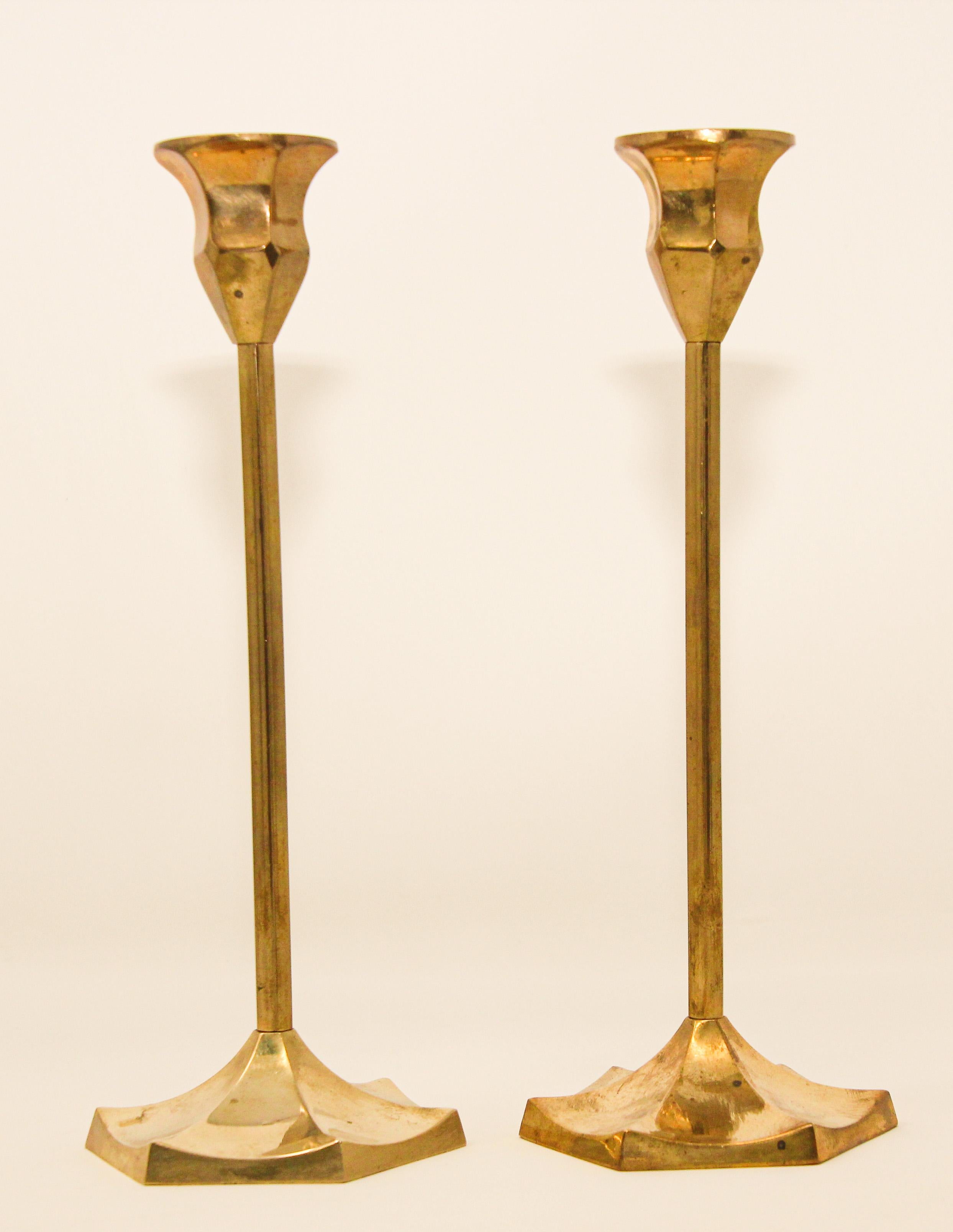 Mid-Century Modern Pair of Polished Vintage Swedish Brass Candlesticks For Sale