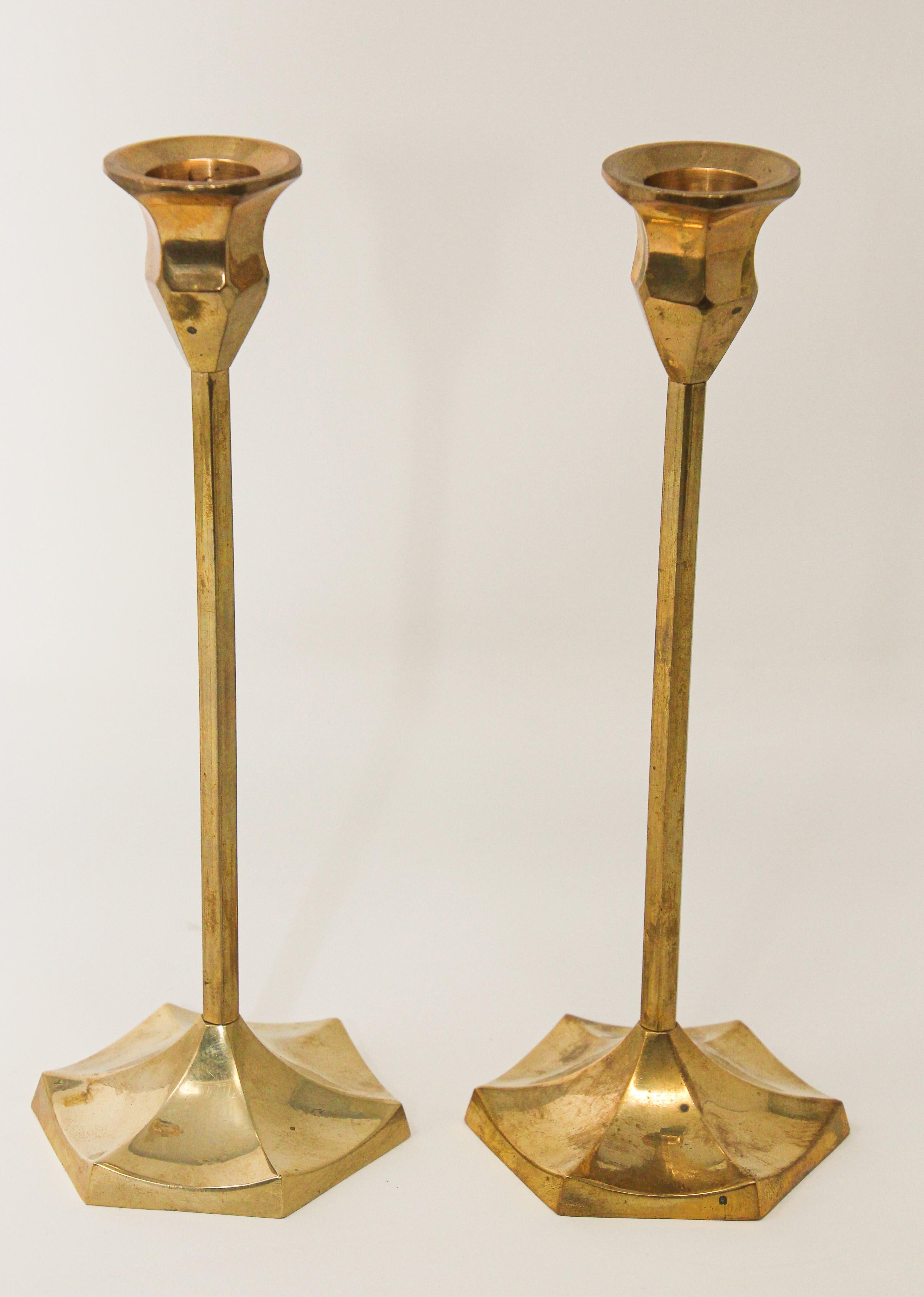 Pair of Polished Vintage Swedish Brass Candlesticks In Good Condition For Sale In North Hollywood, CA