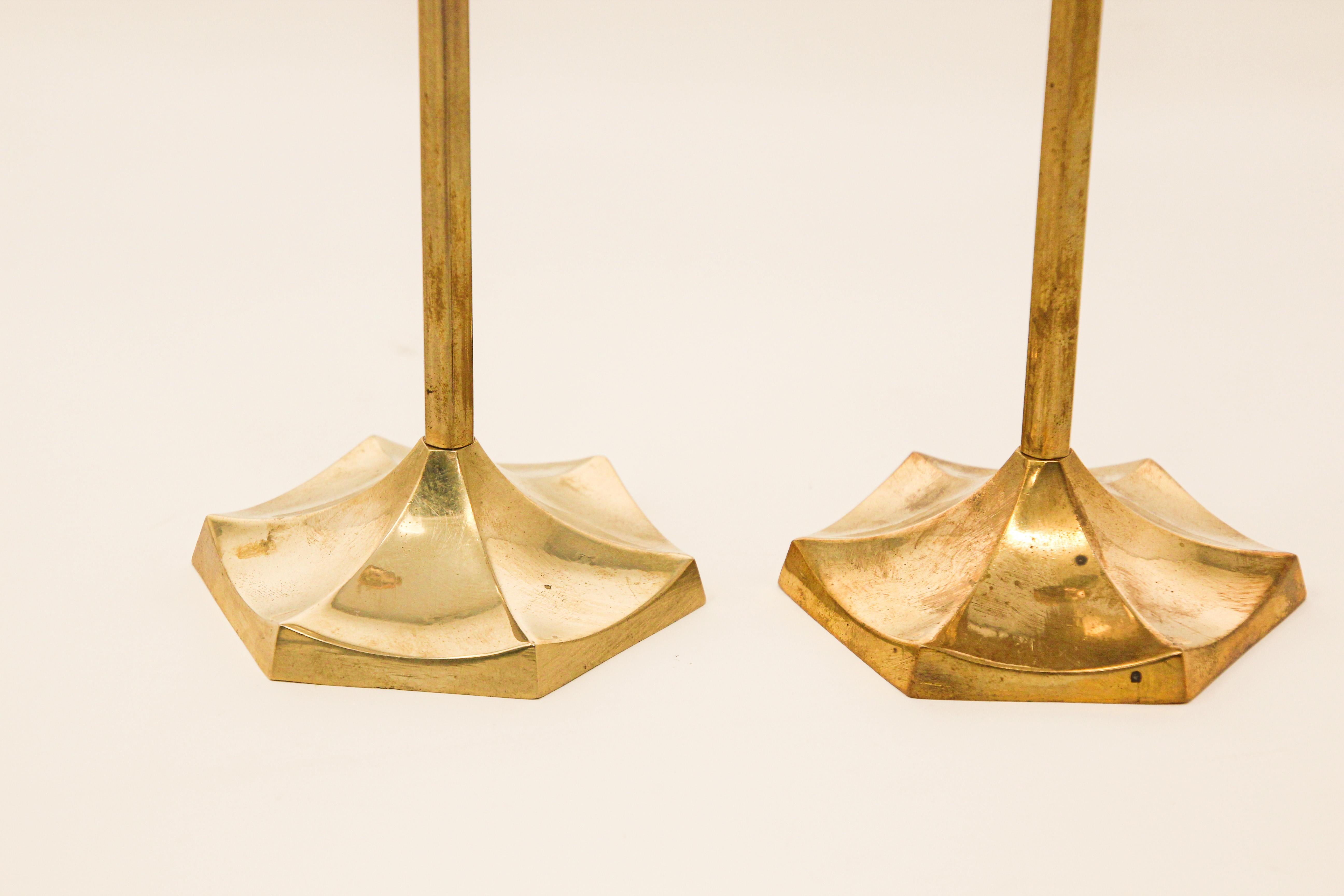 20th Century Pair of Polished Vintage Swedish Brass Candlesticks For Sale