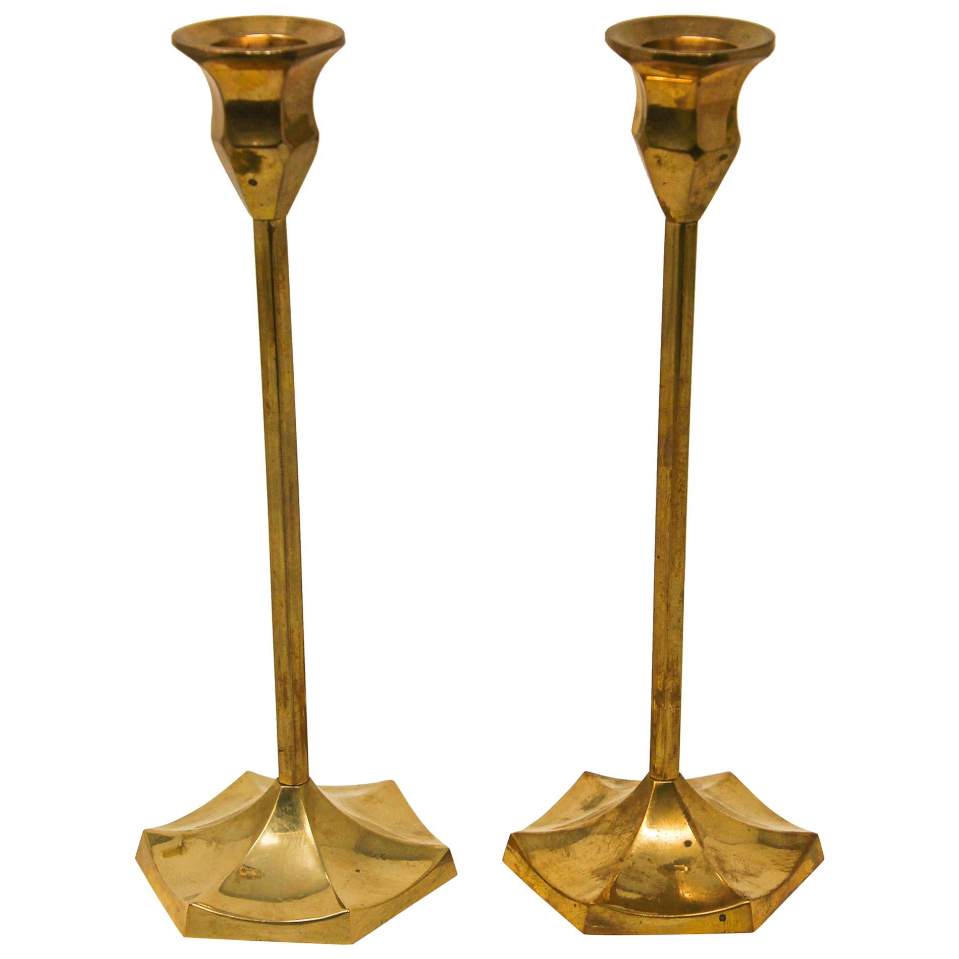 Pair of Polished Vintage Swedish Brass Candlesticks For Sale