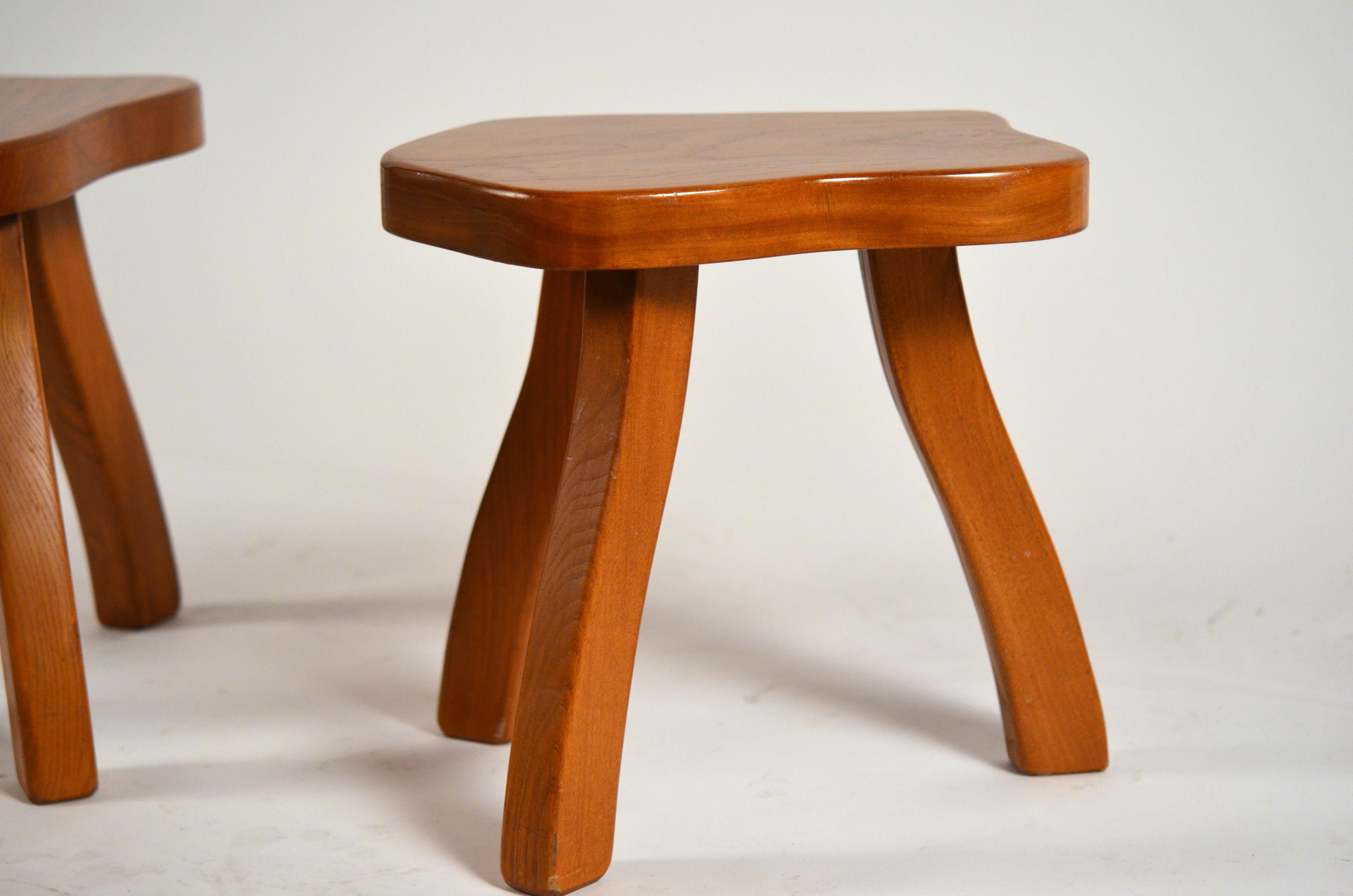 French Pair of Polished Walnut Tripod Stools in the Style of Charlotte Perriand