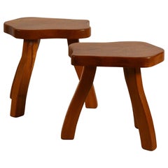 Pair of Polished Walnut Tripod Stools in the Style of Charlotte Perriand