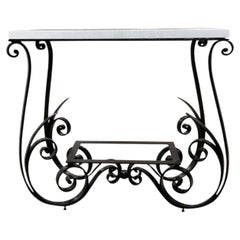 Pair of Polished White Thassos Marble Console Table, Wrought Iron Base, France