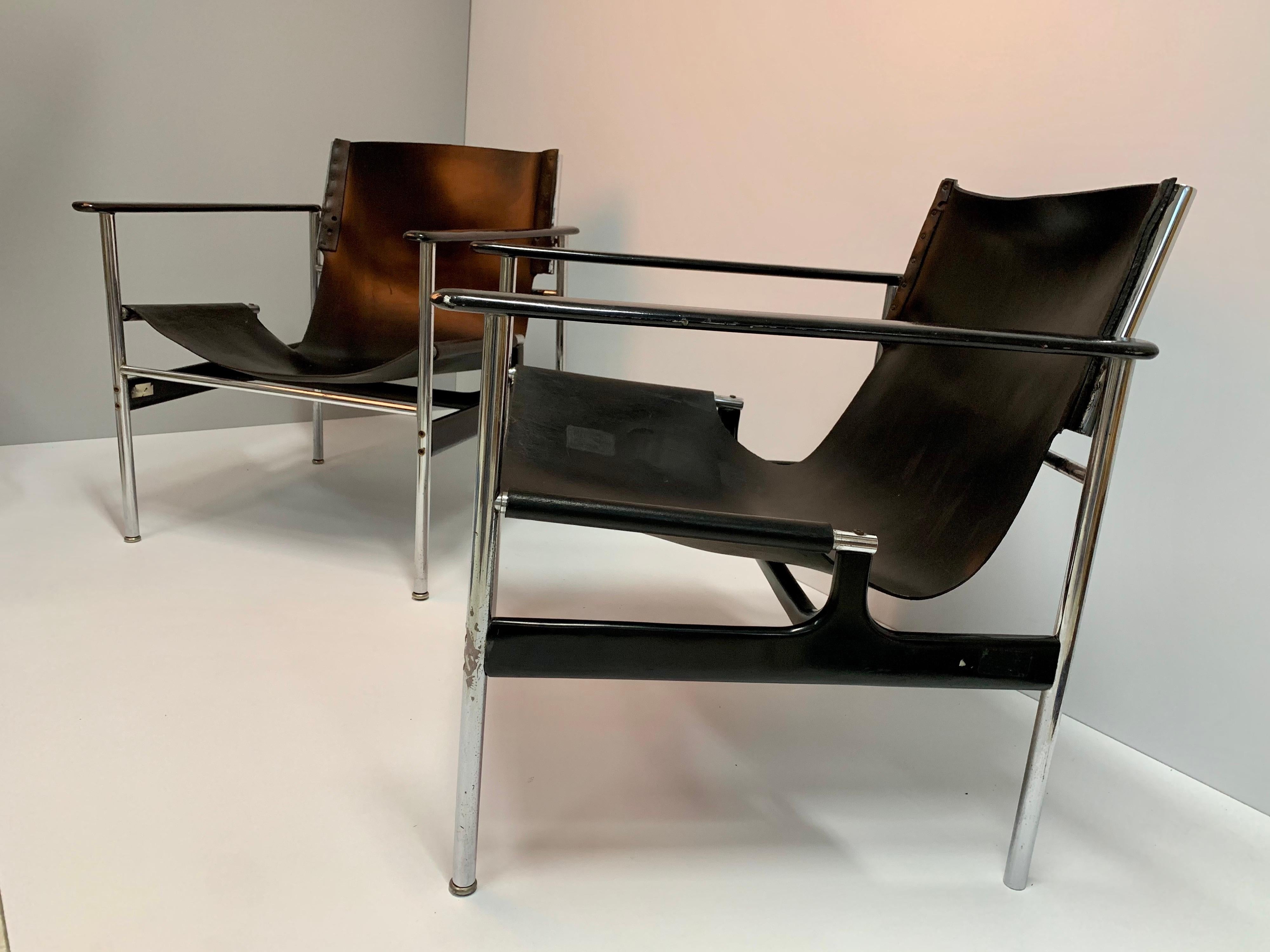 Designed in 1960 and originally manufactured from 1964-79, the steel and leather ‘sling chair’ or '657', as it is commonly called, offers a refined combination of materials and finishes. Tubular steel legs connect to cast-aluminum arms and