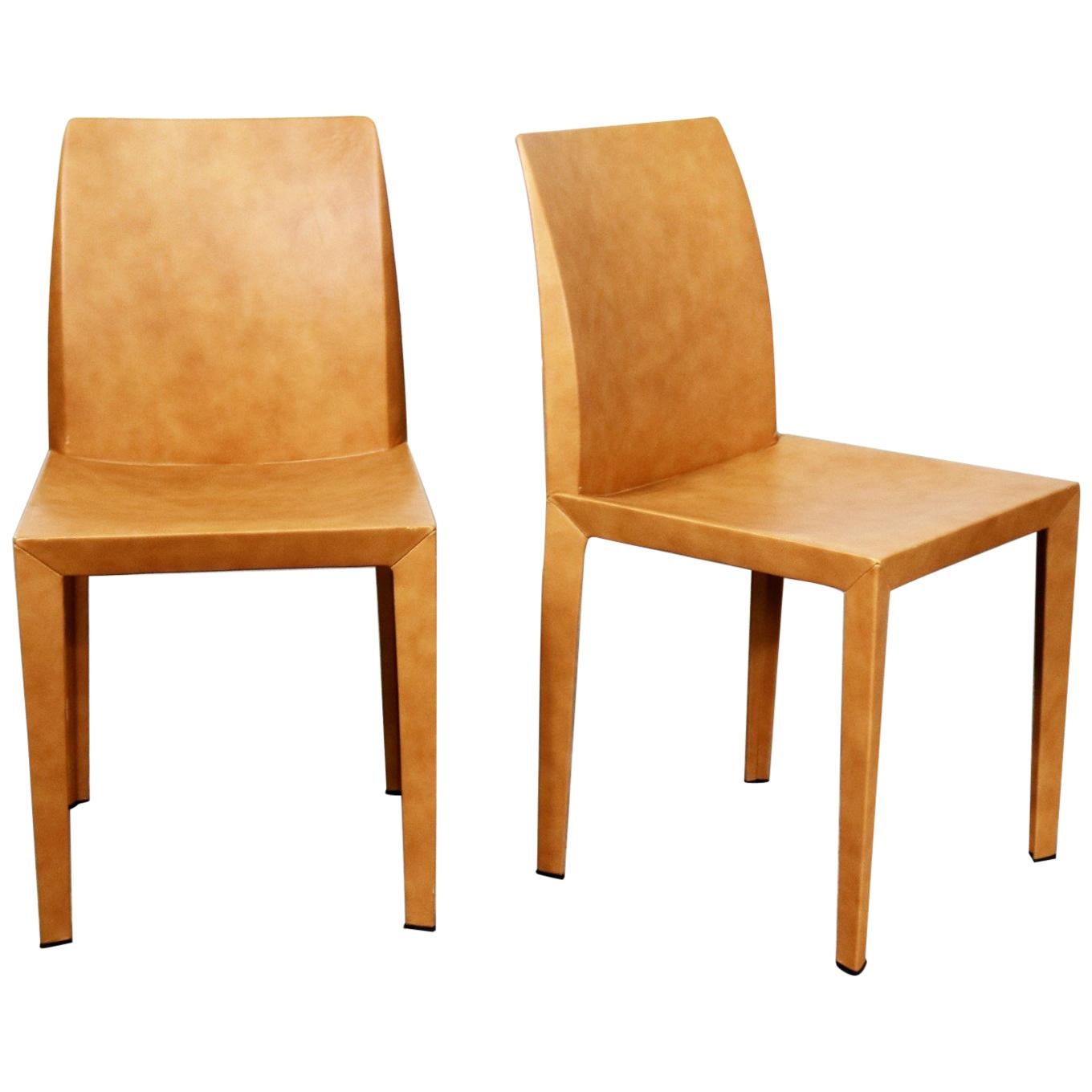 Pair of Poltrona Frau Lola Dining Side Chairs by Pierluigi Cerri Cognac Leather