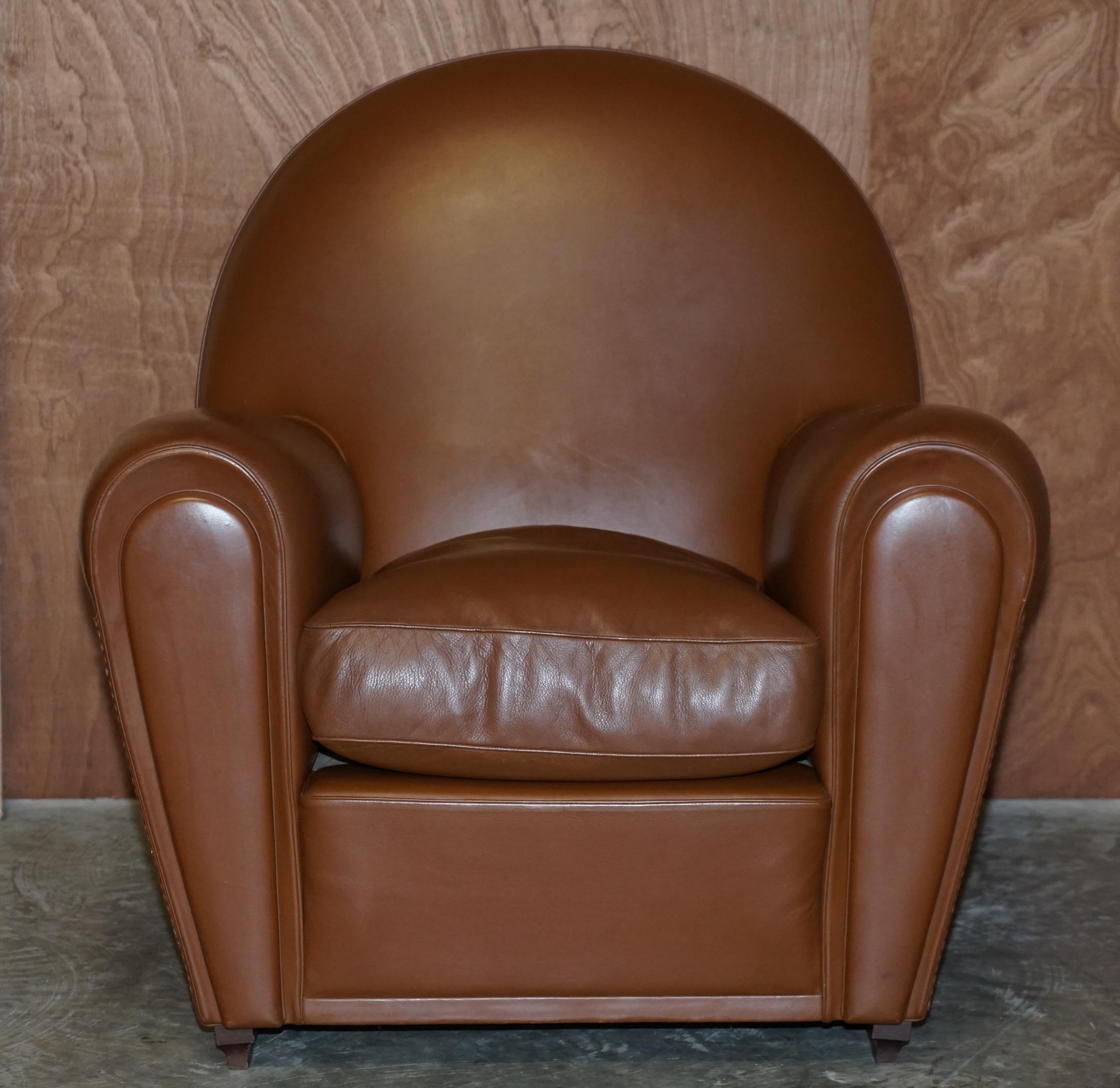 Hand-Crafted Pair of Poltrona Frau Vanity Fair XC Brown Leather Art Deco Armchair