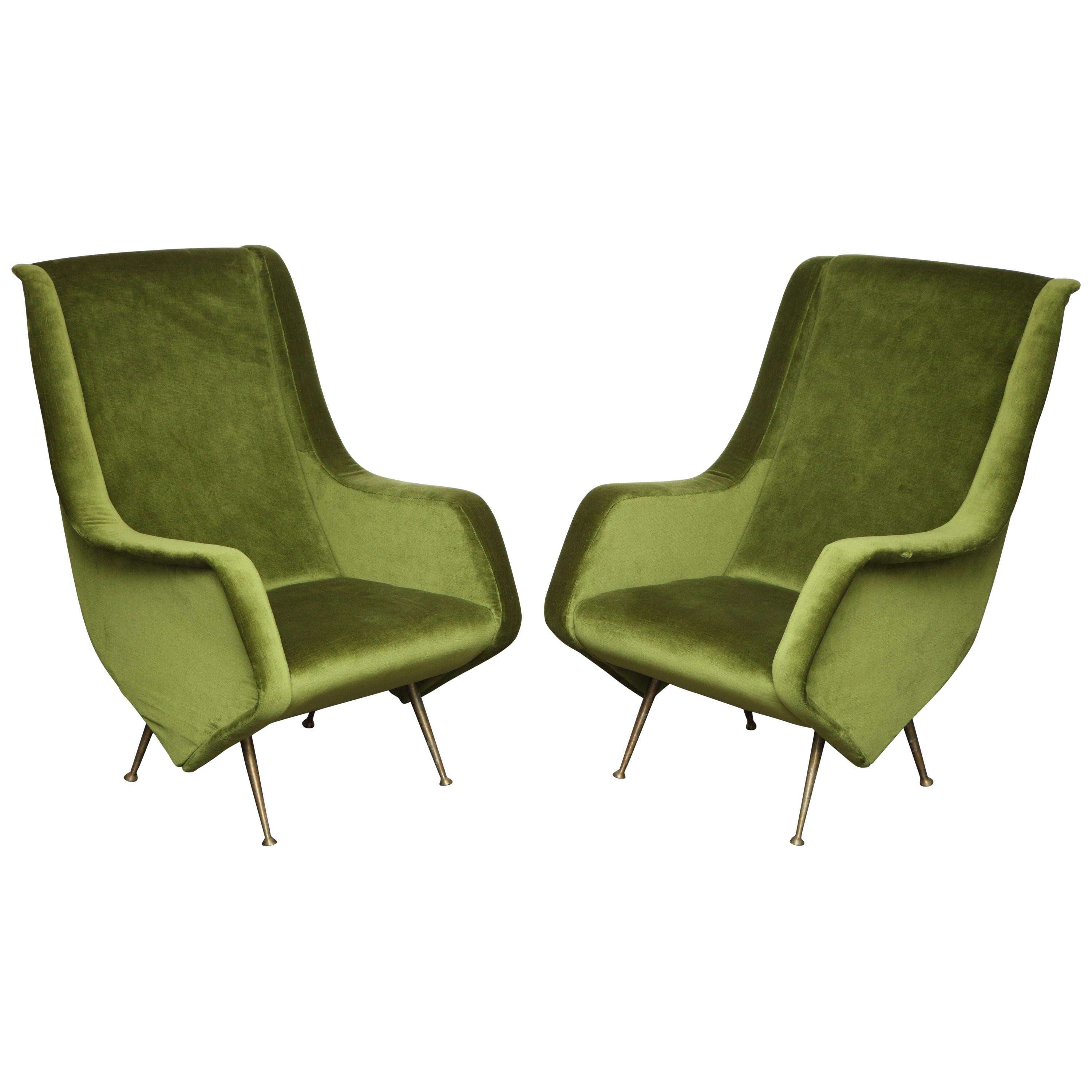 Pair of Poltrone Aldo Morbelli Armchair in Green Velvet