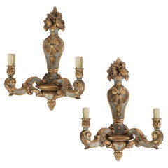 Pair of Polychrome and Giltwood Antique Italian Baroque style two-light sconces