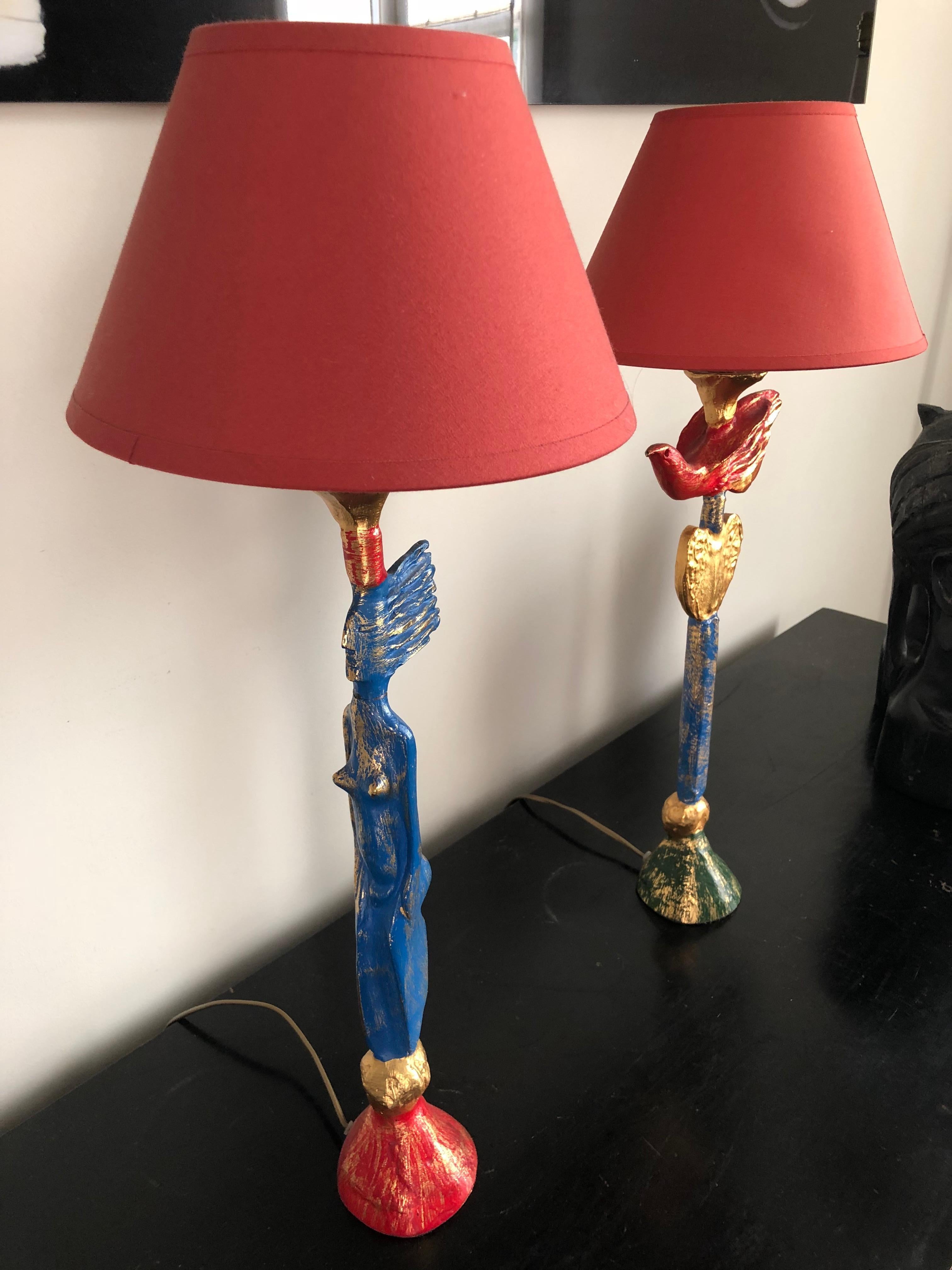 Late 20th Century Pair of Polychrome Bronze Table Lamps by Pierre Casenove