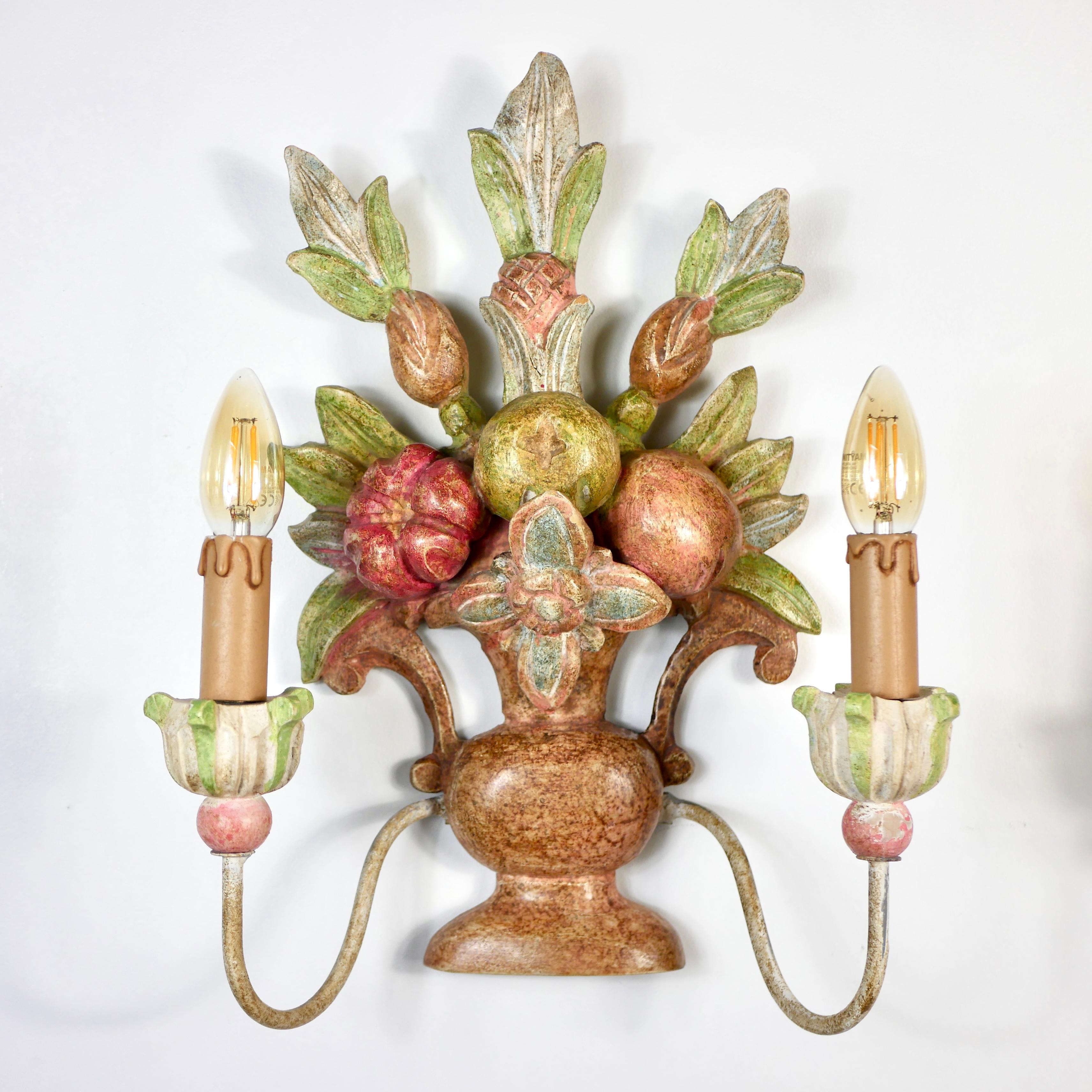 Hand-Carved Pair of polychrome carved wood sconces from Italy, 1920s For Sale
