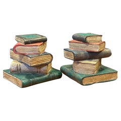Pair of Polychrome Carved Wood "Stacked Books" Bookends