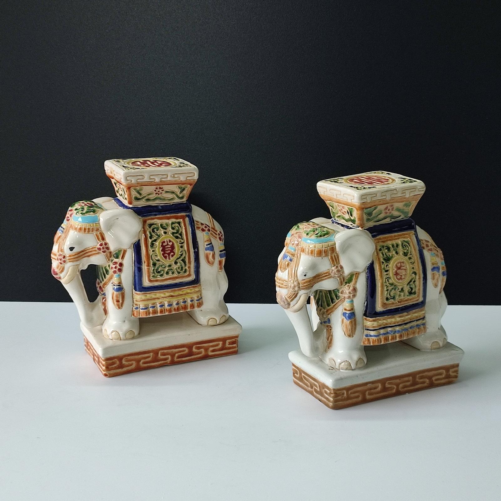 Hollywood Regency Pair of Polychrome Ceramic Elephant Plant Holder, Bookends, Mid 20th Century For Sale