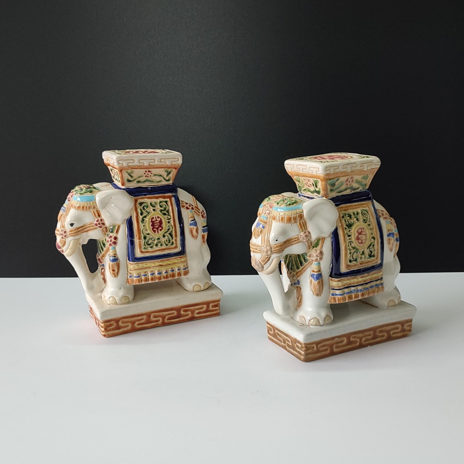 Asian Pair of Polychrome Ceramic Elephant Plant Holder, Bookends, Mid 20th Century For Sale