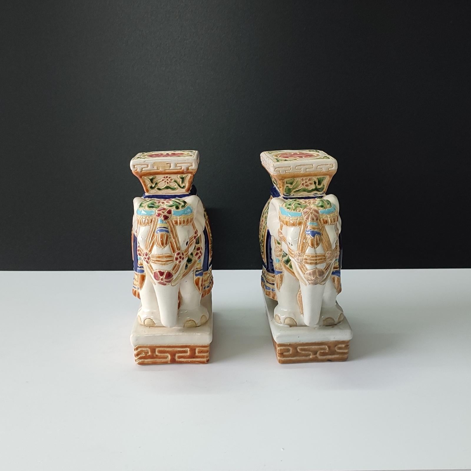 Glazed Pair of Polychrome Ceramic Elephant Plant Holder, Bookends, Mid 20th Century For Sale
