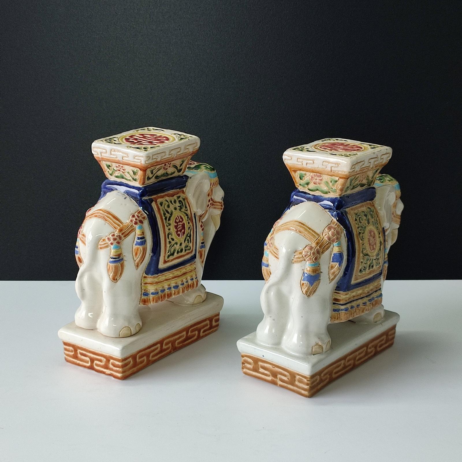 Late 20th Century Pair of Polychrome Ceramic Elephant Plant Holder, Bookends, Mid 20th Century For Sale