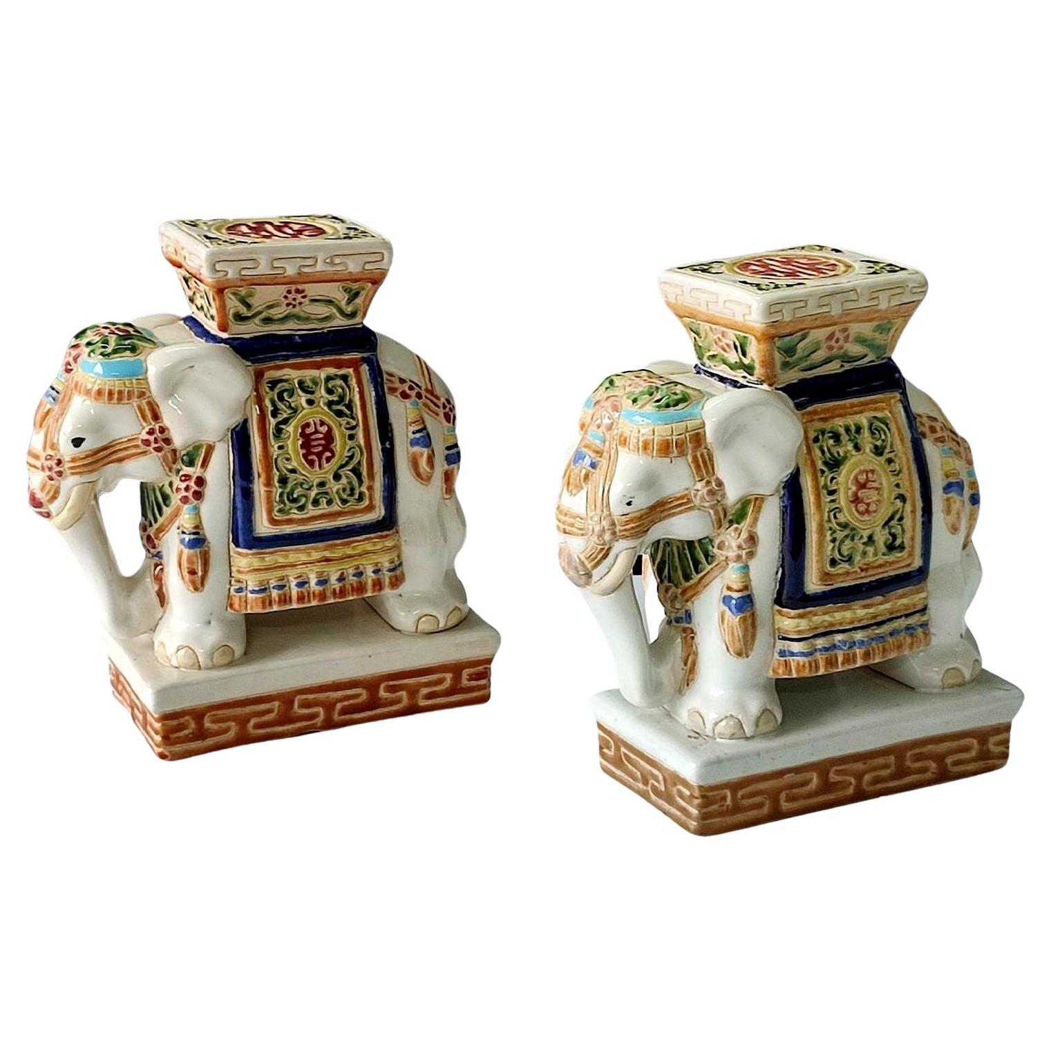 Pair of Polychrome Ceramic Elephant Plant Holder, Bookends, Mid 20th Century For Sale