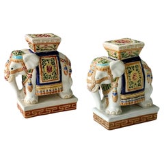 Antique Pair of Polychrome Ceramic Elephant Plant Holder, Bookends, Mid 20th Century