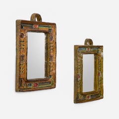 Pair of Polychrome Ceramic Glazed Vallauris Mirrors by François Lanusé