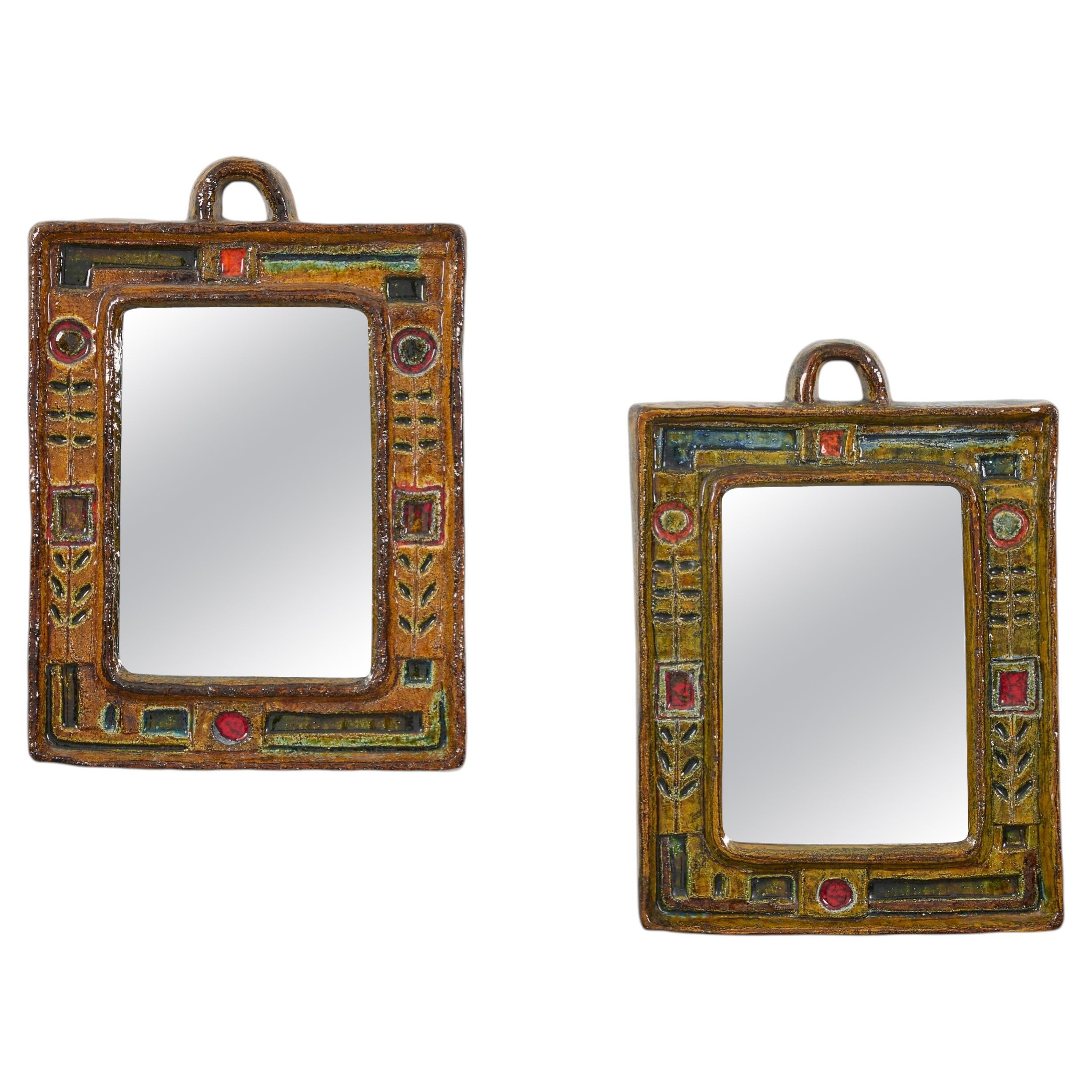 Pair of Polychrome Ceramic Glazed Vallauris Mirrors by François Lanusé For Sale