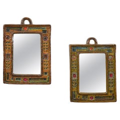 Pair of Polychrome Ceramic Glazed Vallauris Mirrors by François Lanusé