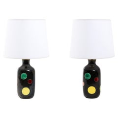 Pair of Polychrome Elchinger Ceramic Table Lamps, France 1960's