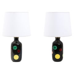 Pair of Polychrome Elchinger Ceramic Table Lamps, France 1960's