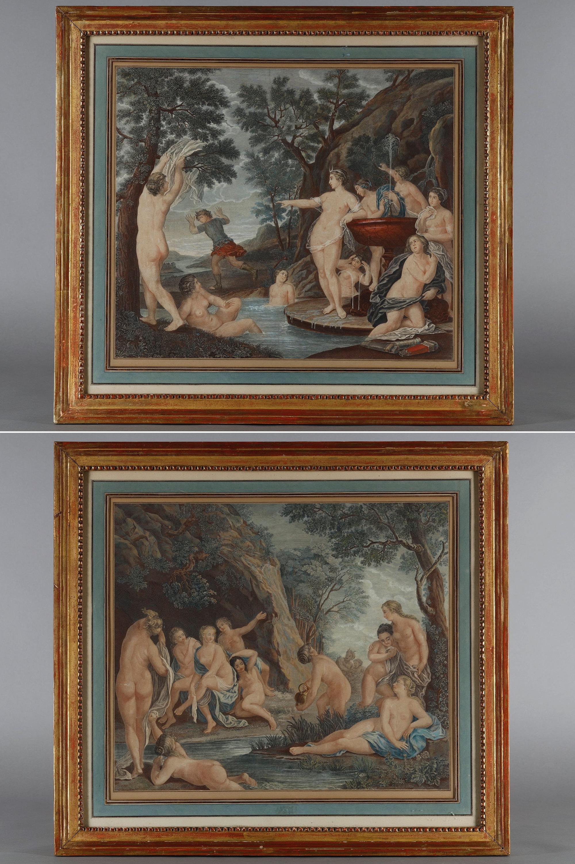 Pair of polychrome engravings, 18th century school, after works by Francesco Albani (1578-1660), depicting 