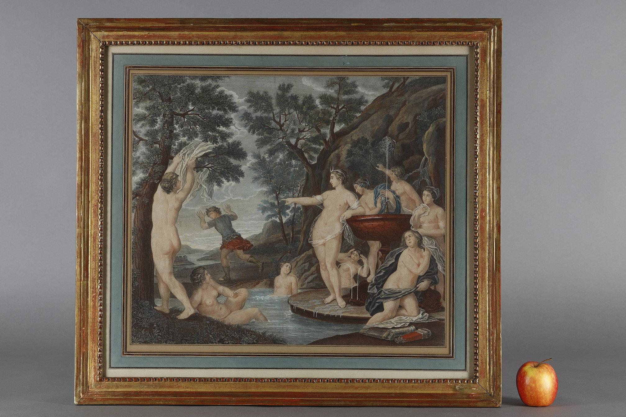 Pair of Polychrome Engravings after Francesco Albani In Good Condition For Sale In Paris, FR