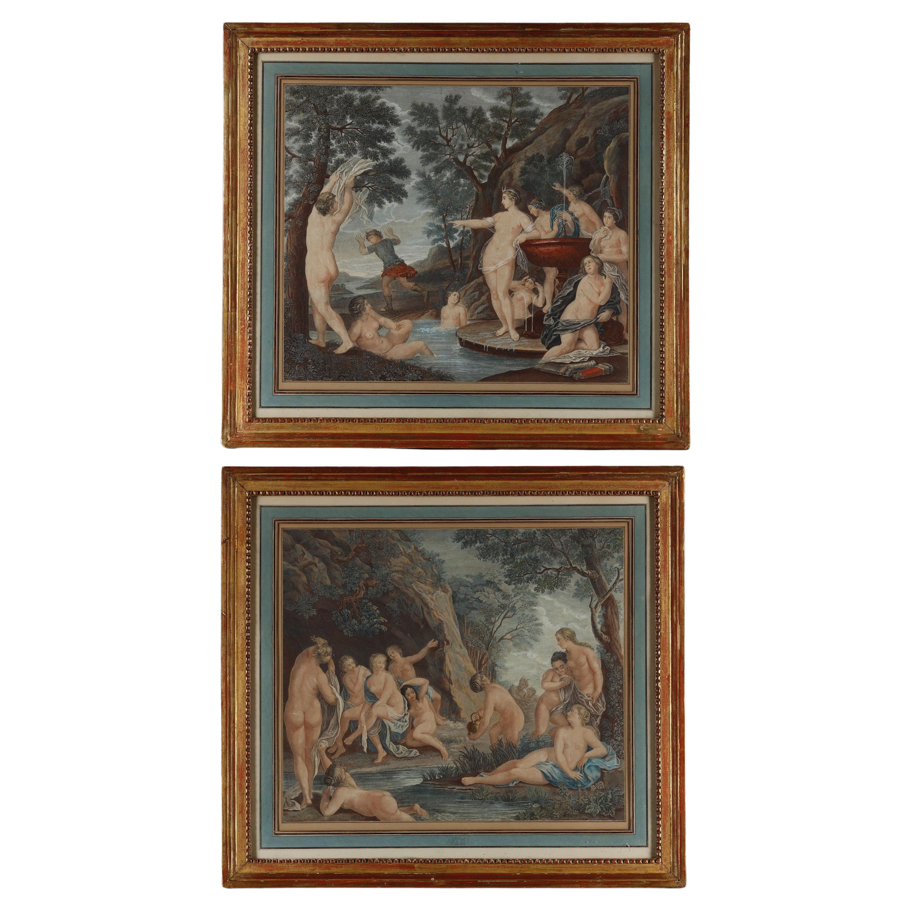 Pair of Polychrome Engravings after Francesco Albani For Sale