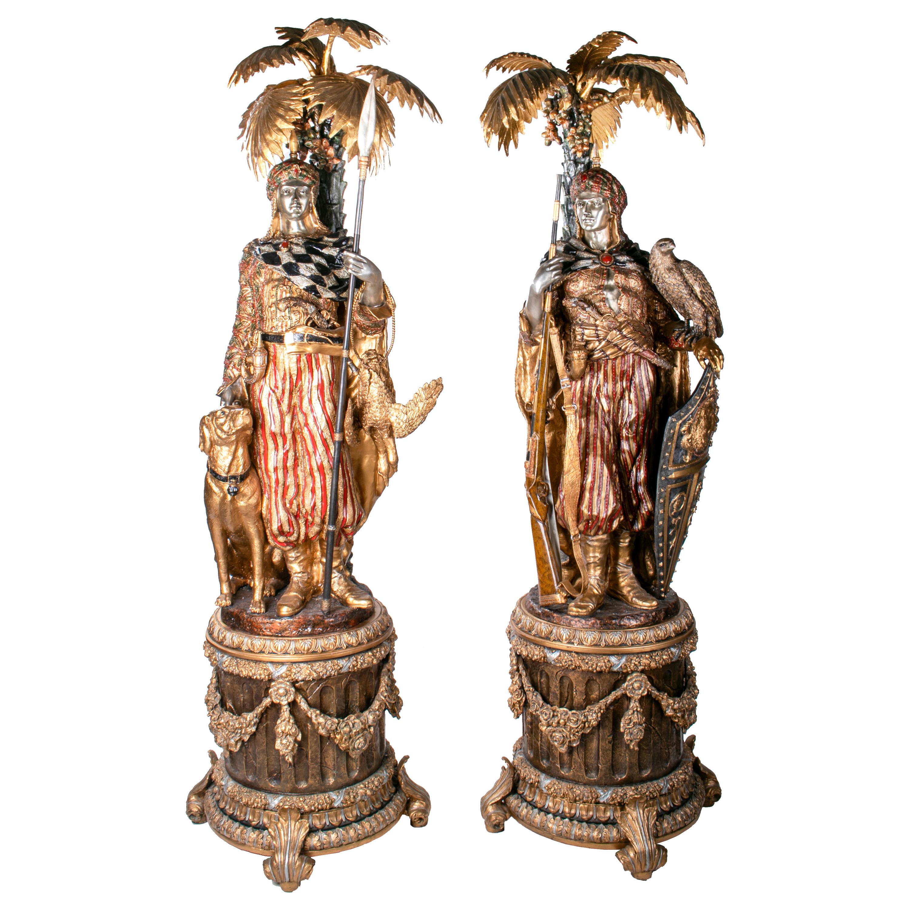 Pair of Polychrome Gilded Bronze Arab Hunters and Palms Sculptures on Pedestals