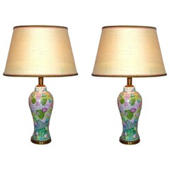Pair of Polychrome Hand Painted Porcelain and Silk Hollywood Regency Table Lamps