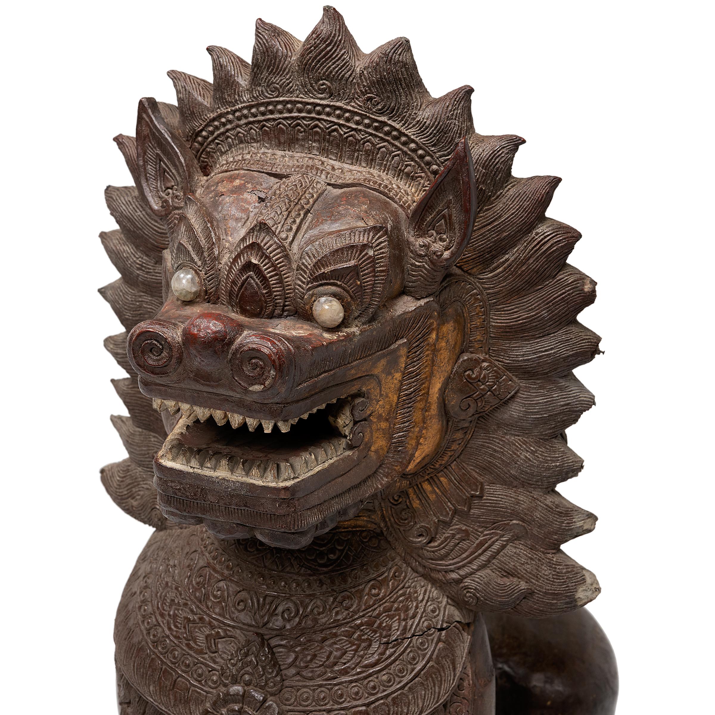 Pair of Polychrome Khmer Guardian Lions, c. 1850 For Sale 5