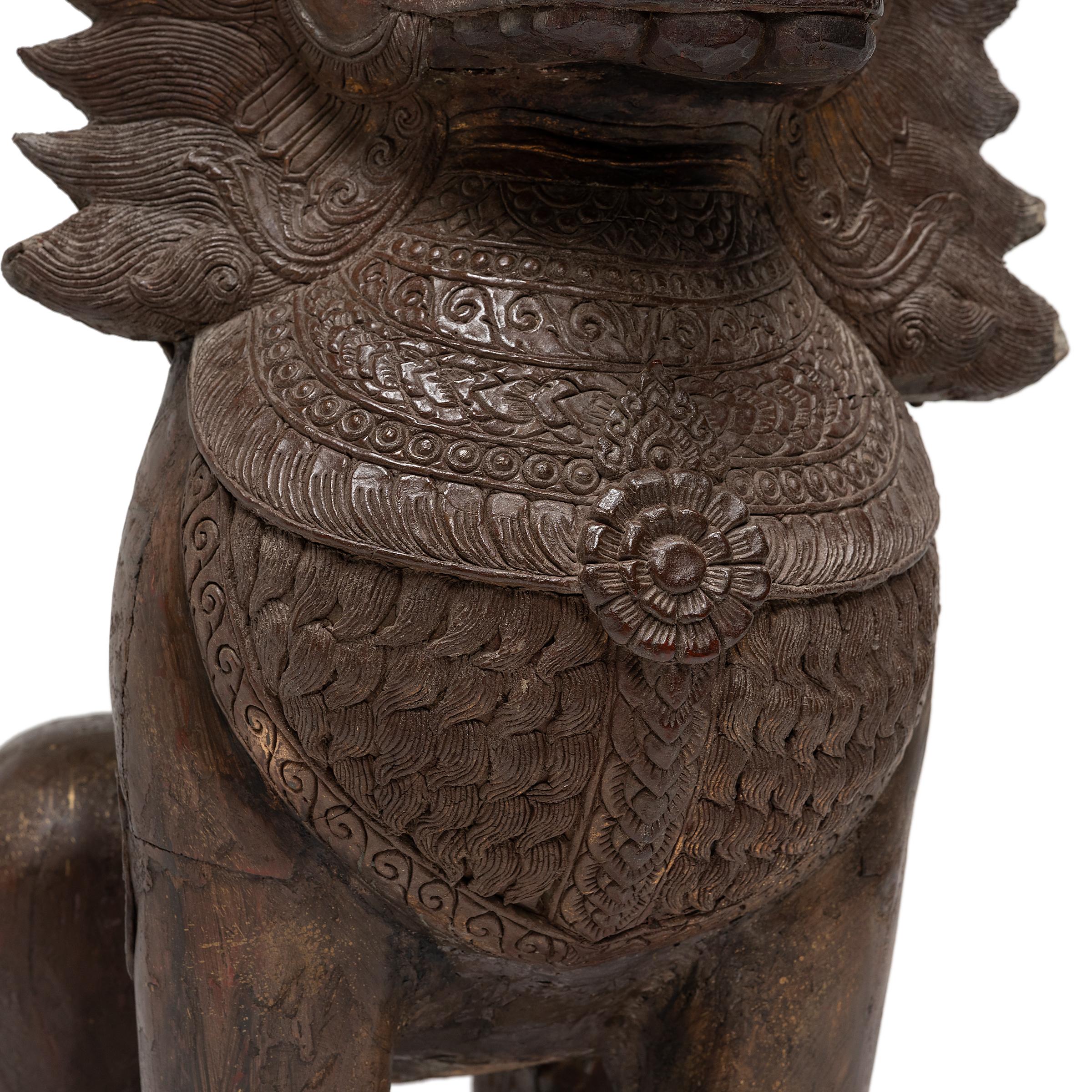 Pair of Polychrome Khmer Guardian Lions, c. 1850 For Sale 6